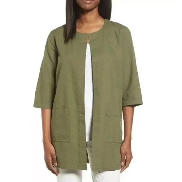 NWOT Eileen Fisher Cross Dyed Organic Cotton Kimono Jacket Open Front Olive - Picture 1 of 11